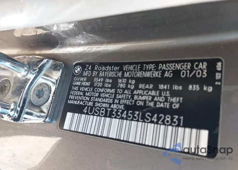 2003 BMW Z4 2.5I из США, поврежденный, VIN 4USBT33453LS42831